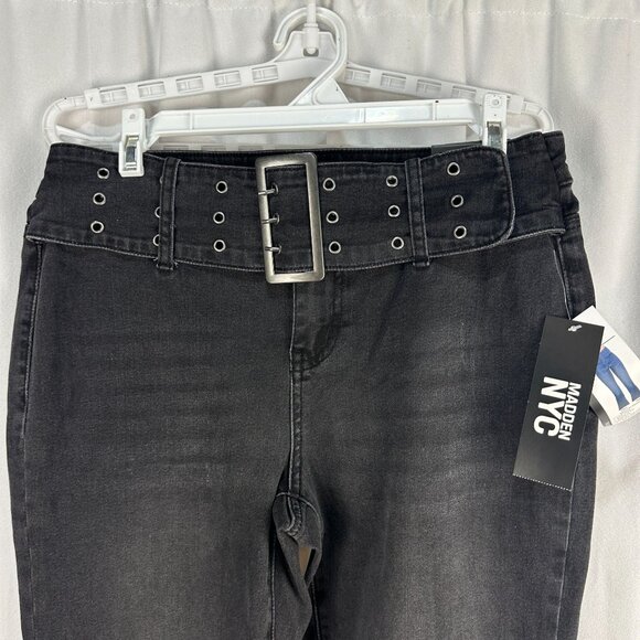 Madden NYC Low Rise Bootcut Black Denim Jeans Size 10 Slim Fit Belt Detailing - Picture 2 of 9